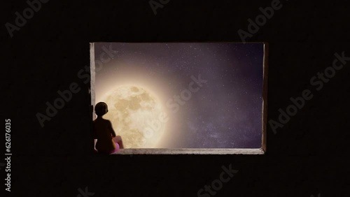 Girl sitting relaxed in a wide window and looking at the passing full moon. Camera zooms into the window. 3D illustration photo