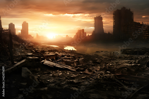 post apocalyptic city ruins landscape sunrise