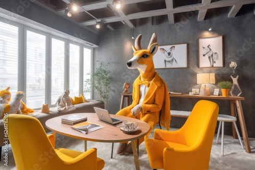 funny animal character sitting in a business interior, metaphoric concept, ai tools generated image photo