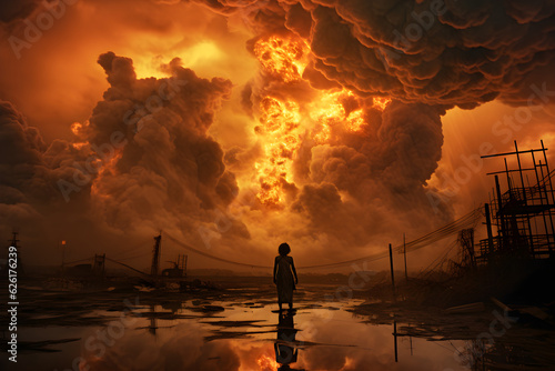 apocalypse landscape with burning sky and woman silhouette