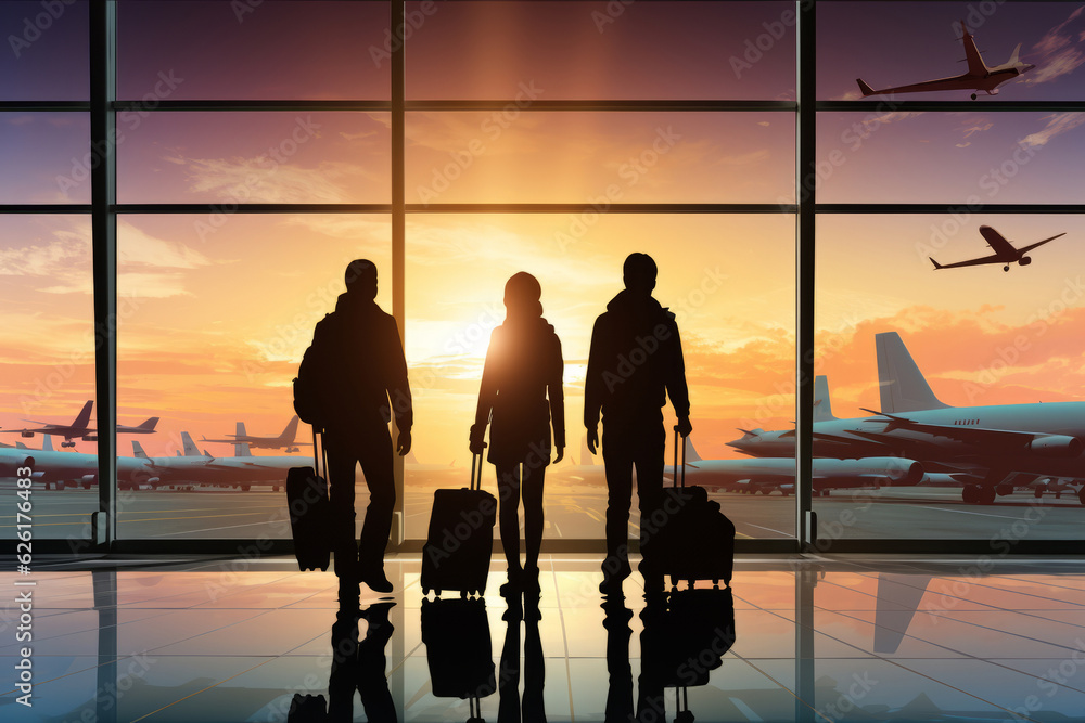 Family travel, showcasing silhouette figures of family members inside an airport terminal. AI Generated