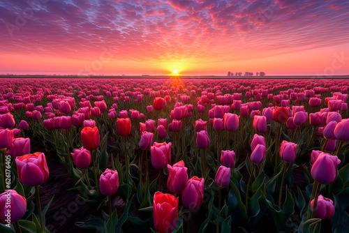 A field full of pink tulips at sunset. Generative AI