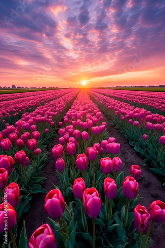 A field full of pink tulips at sunset. Generative AI