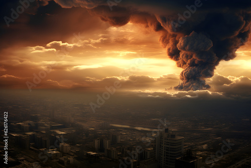apocalypse city landscape with smoke cloud on horizon