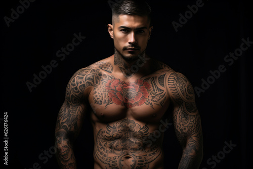 Valokuvatapetti Confident man with muscular body tattooed on black background