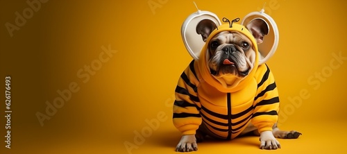 fat and grumpy bulldog dressed in funny bubble bee Halloween costume, anthropomorphic, vibrant colors, fashionable, cool, studio photography, minimalism. AI Generated photo