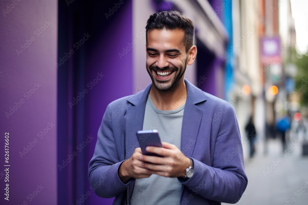 man with phone on purple background. AI Generated - obrazy, fototapety, plakaty 
