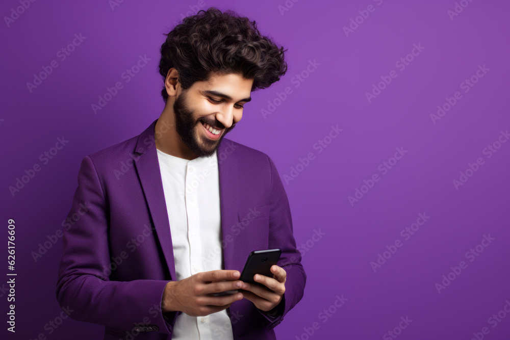 man with phone on purple background. AI Generated man with phone on purple background. AI Generated