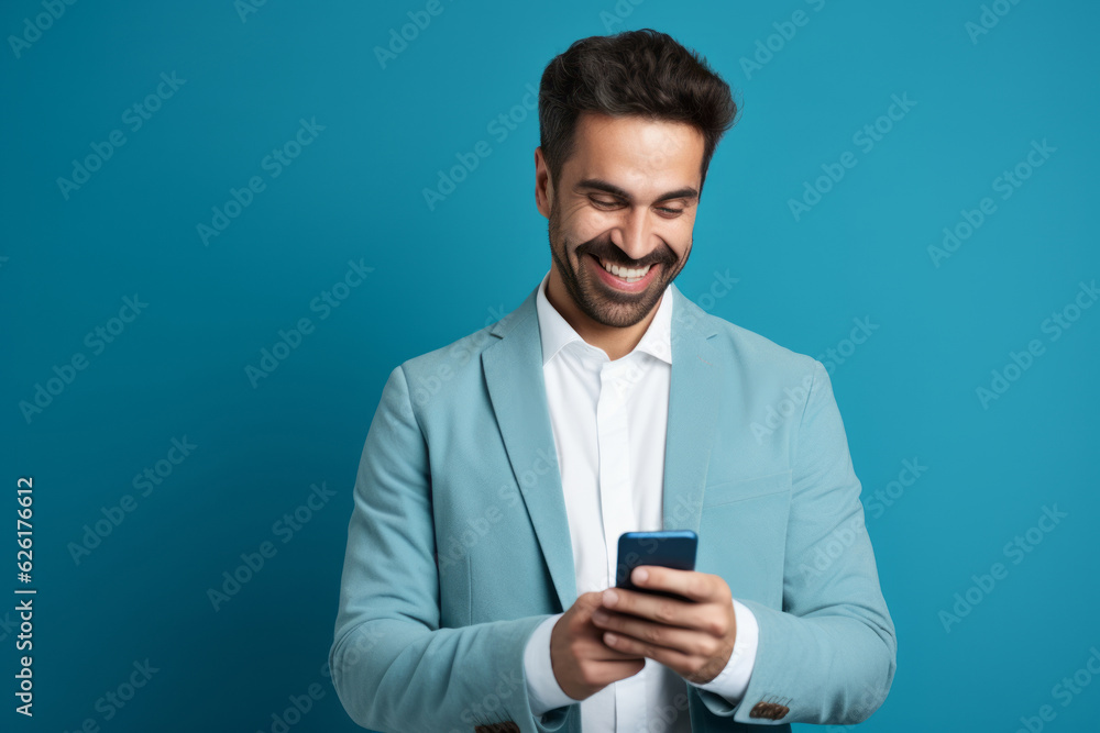 man with phone on blue background. AI Generated man with phone on blue background. AI Generated