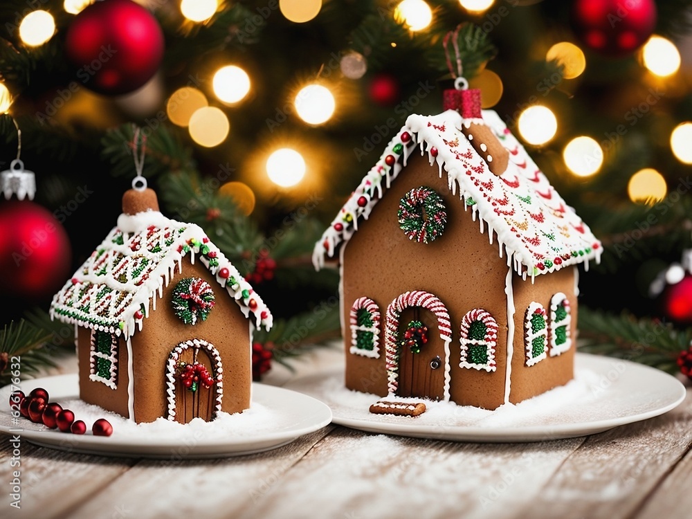A Christmas gingerbread houses with beautiful Christmas background, beautiful light and bokeh, blurry background. Generative AI.