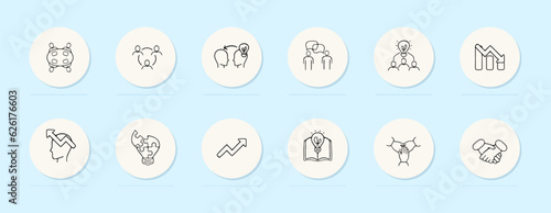 Business concept line icon. Brand development, idea exchange, book, light bulb, person. Pastel color background. Vector line icon