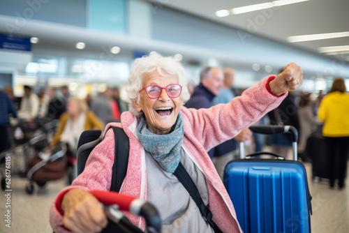 very happy old woman at airport terminal . AI Generated