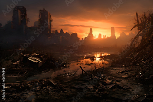 post apocalyptic city ruins landscape sunset