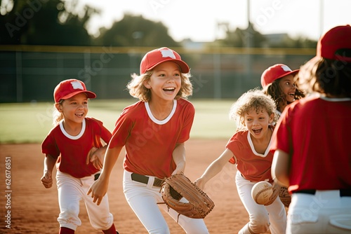 Elementary age children playing co-ed baseball, coaches, ballfield, uniforms, caps, teammates, little league. Photo generative AI photo