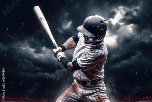 Baseball player ready to hit ball in baseball game amidst dramatic stormy skies. Photo generative AI
