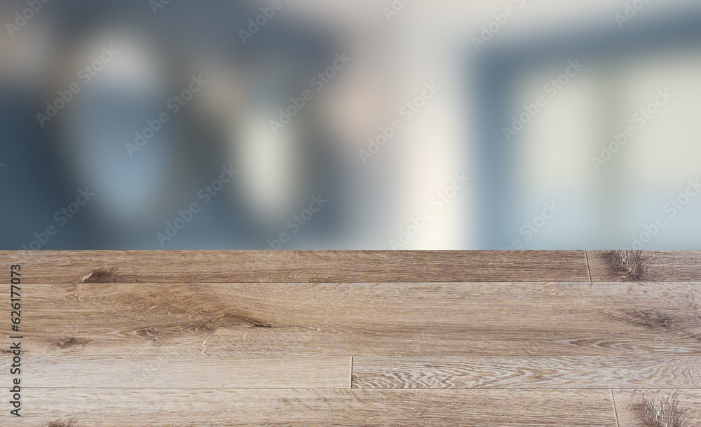 Fototapeta premium Modern bathroom including bath and sink. 3D rendering., Background with empty wooden table. Flooring.