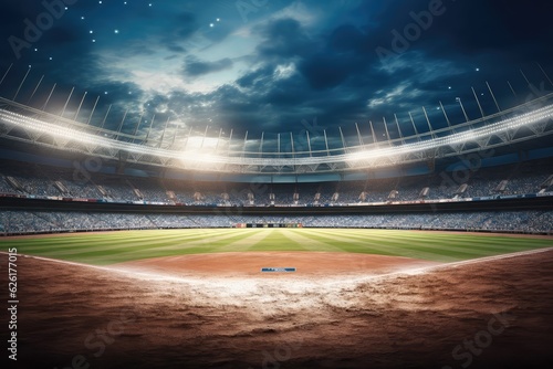 Fotografia Professional Baseball Stadium: Large Softball Stadium, Bases, Fans