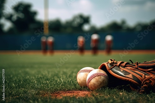 Baseball Glove on Field as Players Warm Up. Photo generative AI