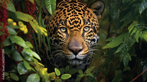 wild jaguar crowling in a dense lush tropical jungles  ai tools generated image