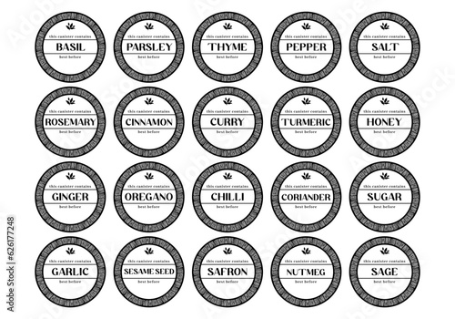 Kitchen seasoning pantry label sticker set in round shape with african aztec like pattern decoration