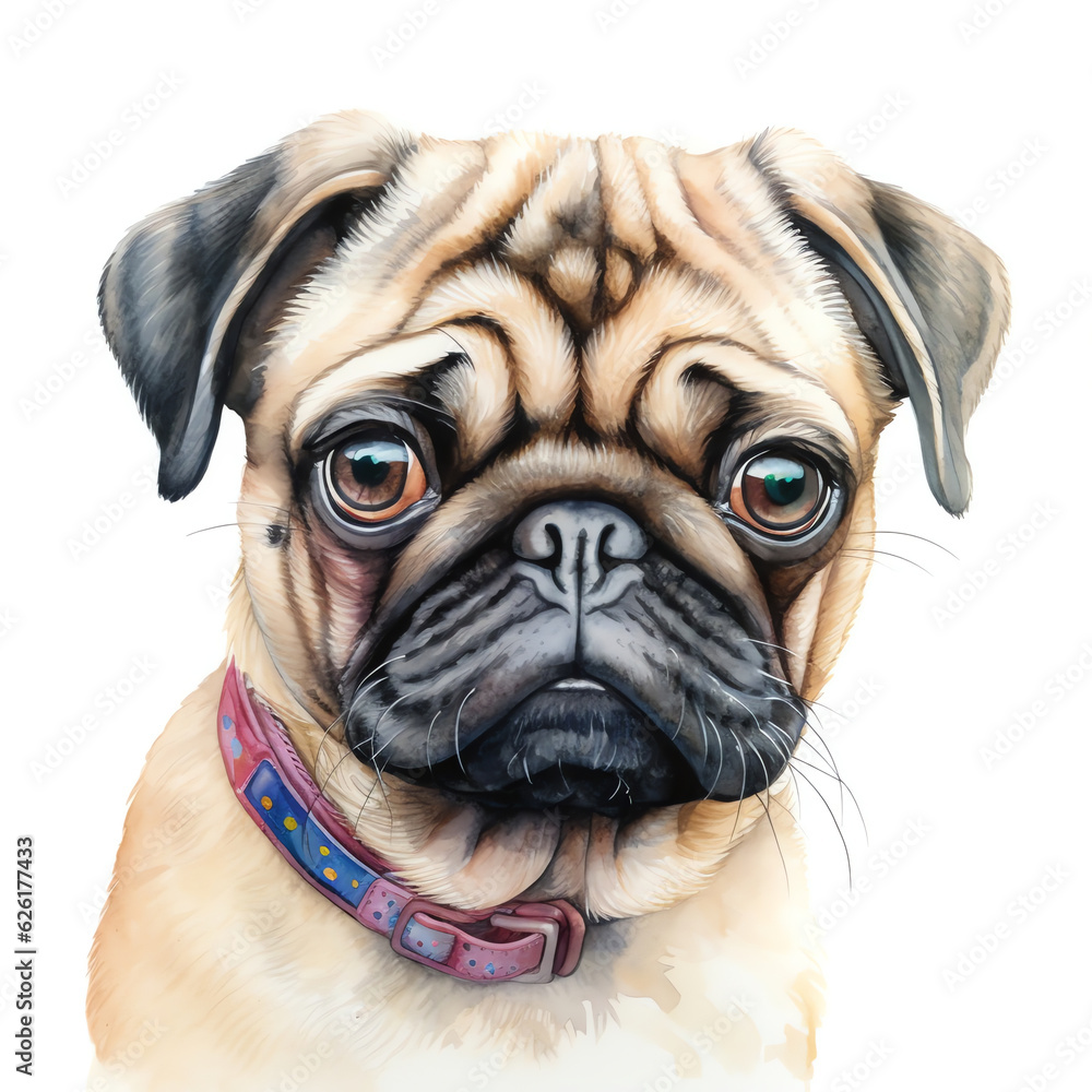 Generative AI : Playful pug: A Cute Watercolor Dog on a White Background