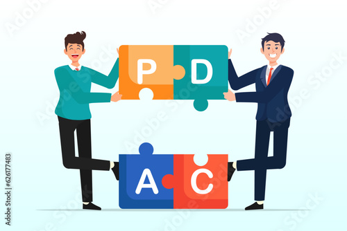 Businessman coworker help complete jigsaw puzzle loop with alphabets PDCA, PDCA cycle to manage working process for continuous improvement and get better work quality, Plan, Do, Check and Act (Vector)