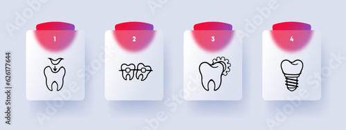 Toothache treatment line icon. Doctor, dentist, filling, whitening, veneers, dental crown. Glassmorphism style. Vector line icon for Business
