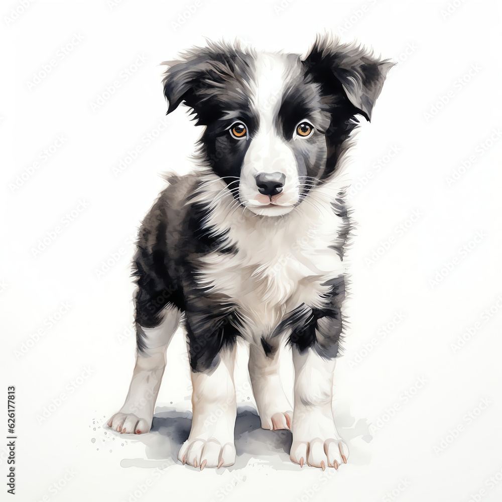 Fototapeta premium Generative AI : Adorable Watercolor Border Collie dog on White background