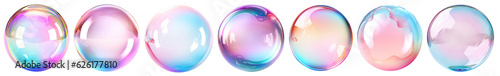Set of realistic transparent colorful soap bubbles with rainbow reflection isolated on transparent background