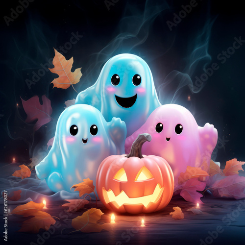 Cute Halloween ghosts with beautiful kind pumpkins in delicate colors