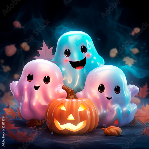 Cute Halloween ghosts with beautiful kind pumpkins in delicate colors.