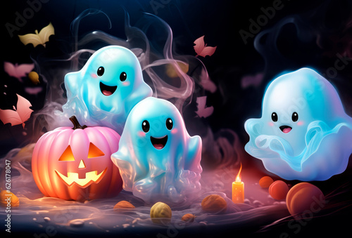 Cute Halloween ghosts with beautiful kind pumpkins in delicate colors.