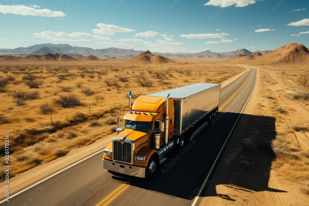 An Orange Truck on a Desert Road. Generative AI An Orange Truck on a Desert Road. Generative AI