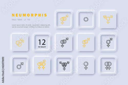 Gender symbols line icon. Tolerance, lgbt, bisexuality, pride, rainbow. Neomorphism style. Vector line icon