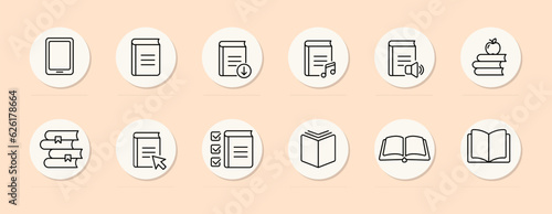 Books line icon. Music, ticks, tablet, loading, speaker, apple, stack of books. Pastel color background. Vector line icon