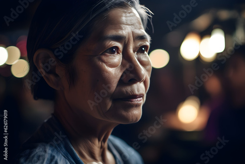 A middle-aged Asian woman walking through a bustling market, her face reflecting a mix of determination and compassion, beautifully lit by the flickering lights of street vendors. Generative AI