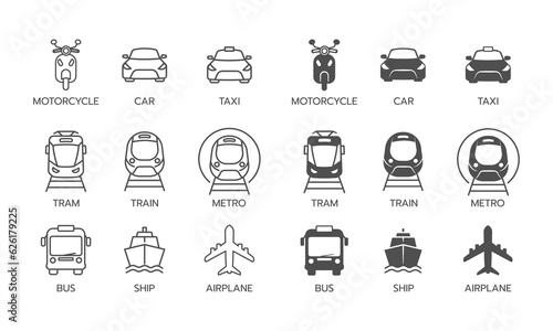Silhouettes and line icons set transport. Sign for public transport symbol. Vector illustration.