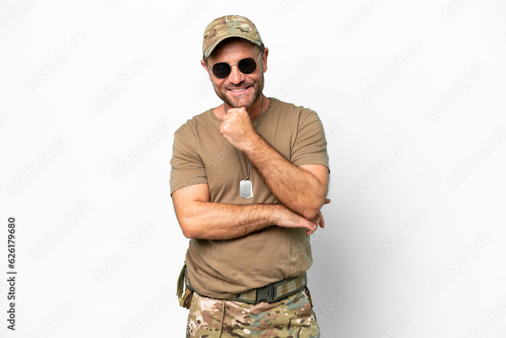 Fototapeta premium Middle age military with dog tag isolated on white background with glasses and smiling