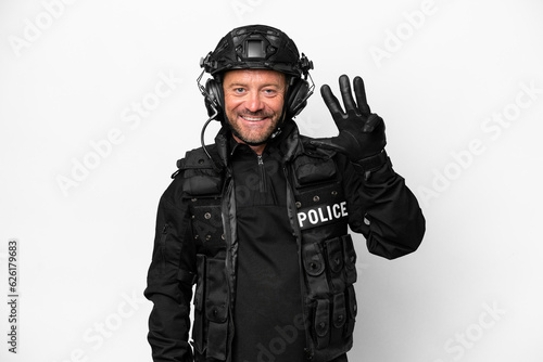 Middle age SWAT man isolated on white background happy and counting four with fingers © luismolinero