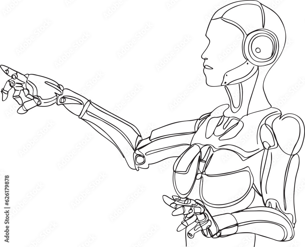 One-Line Cartoon: Female Robot in Dynamic Action, Continuous Line