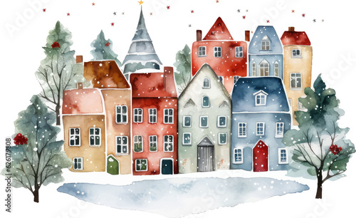 Fotografie, Obraz watercolor winter cute town landscape background  vector illustration