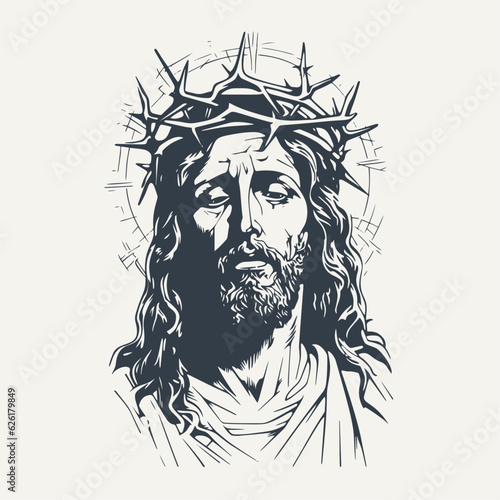 Jesus with crown of thorns. Vintage woodcut engraving style vector illustration.