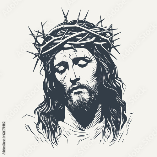 Jesus with crown of thorns. Vintage woodcut engraving style vector illustration.