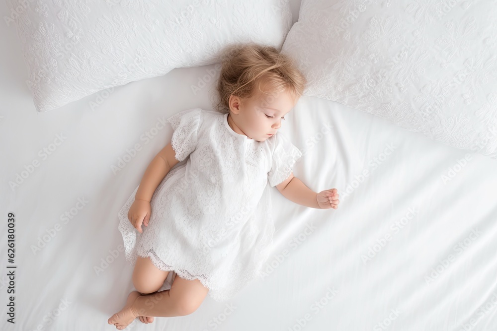 A cute baby girl n a bodysuit made of natural cotton fabric is lying on white bed linen in the bedroom. Top view. happy carefree infancy. products for children, natural materials. space for text. A cute baby girl n a bodysuit made of natural cotton fabric is lying on white bed linen in the bedroom. Top view. happy carefree infancy. products for children, natural materials. space for text.