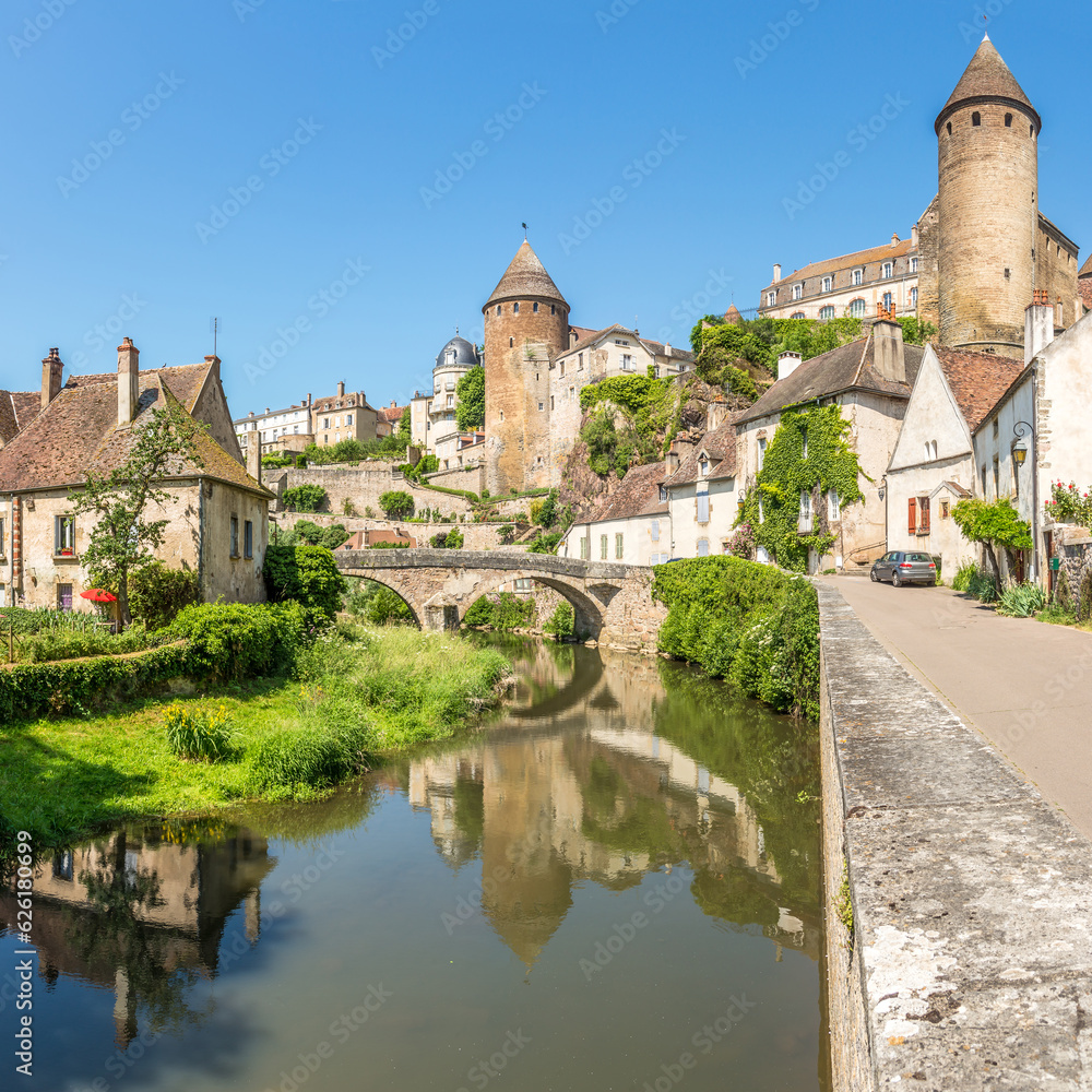 View at the Bastions of Fortification with Armancon river in the streets of Semur en Auxois - France