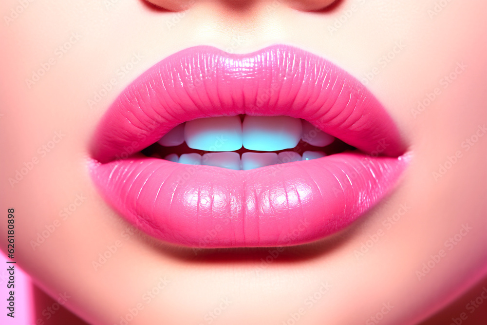 Beautiful young woman's lips closeup, pastel pink color. Glance Fashion art, art design. Trendy concept of cosmetic products. Generative Ai content. Beautiful young woman's lips closeup, pastel pink color. Glance Fashion art, art design. Trendy concept of cosmetic products. Generative Ai content.
