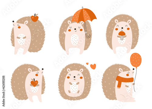 Hedgehog cute illustration set.  Cartoon  vector hedgehogs. Cute forest animals.