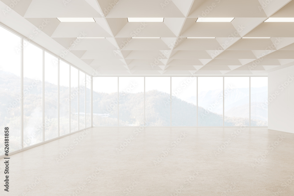 Modern empty interior with panoramic window on countryside view