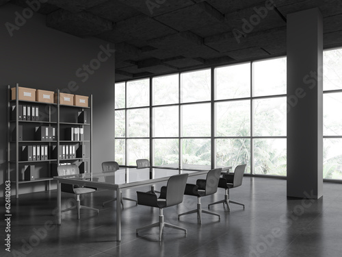 Panoramic gray office meeting room corner with columns