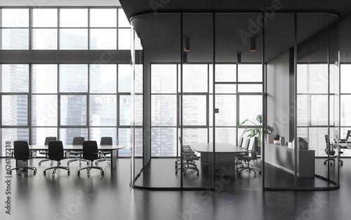 Grey business room interior with meeting table and chairs, panoramic window